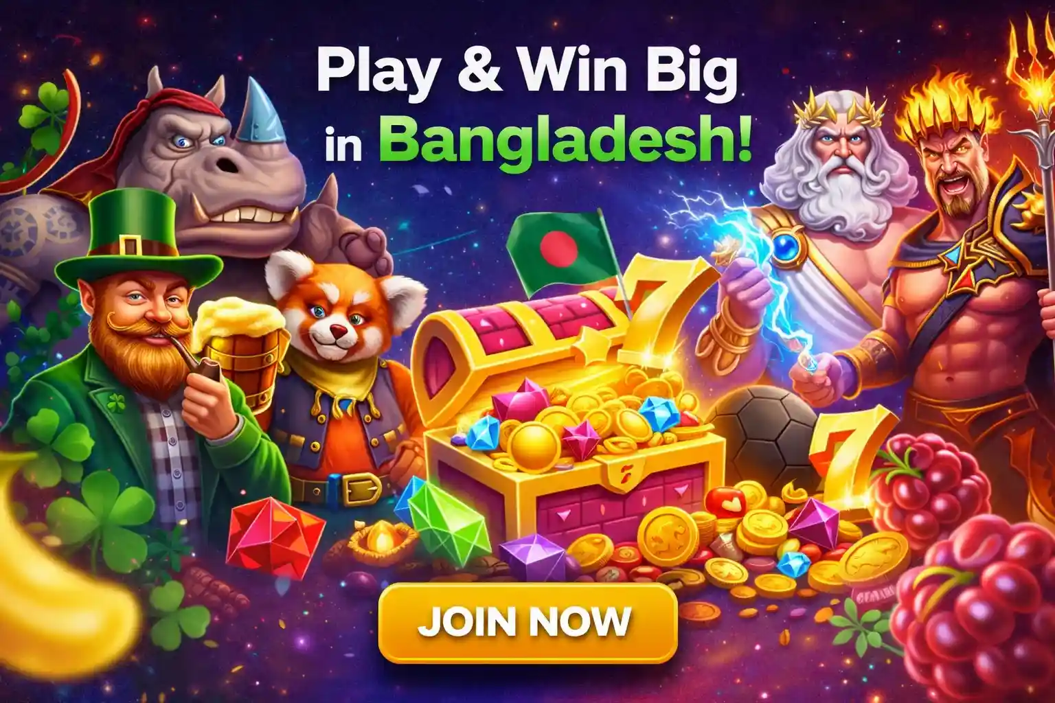 Colorful casino promotion with treasure chest and characters